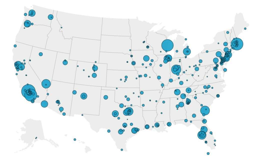 Карта медичних установ у США, що стали жертвами вимагачів (2016-2023)